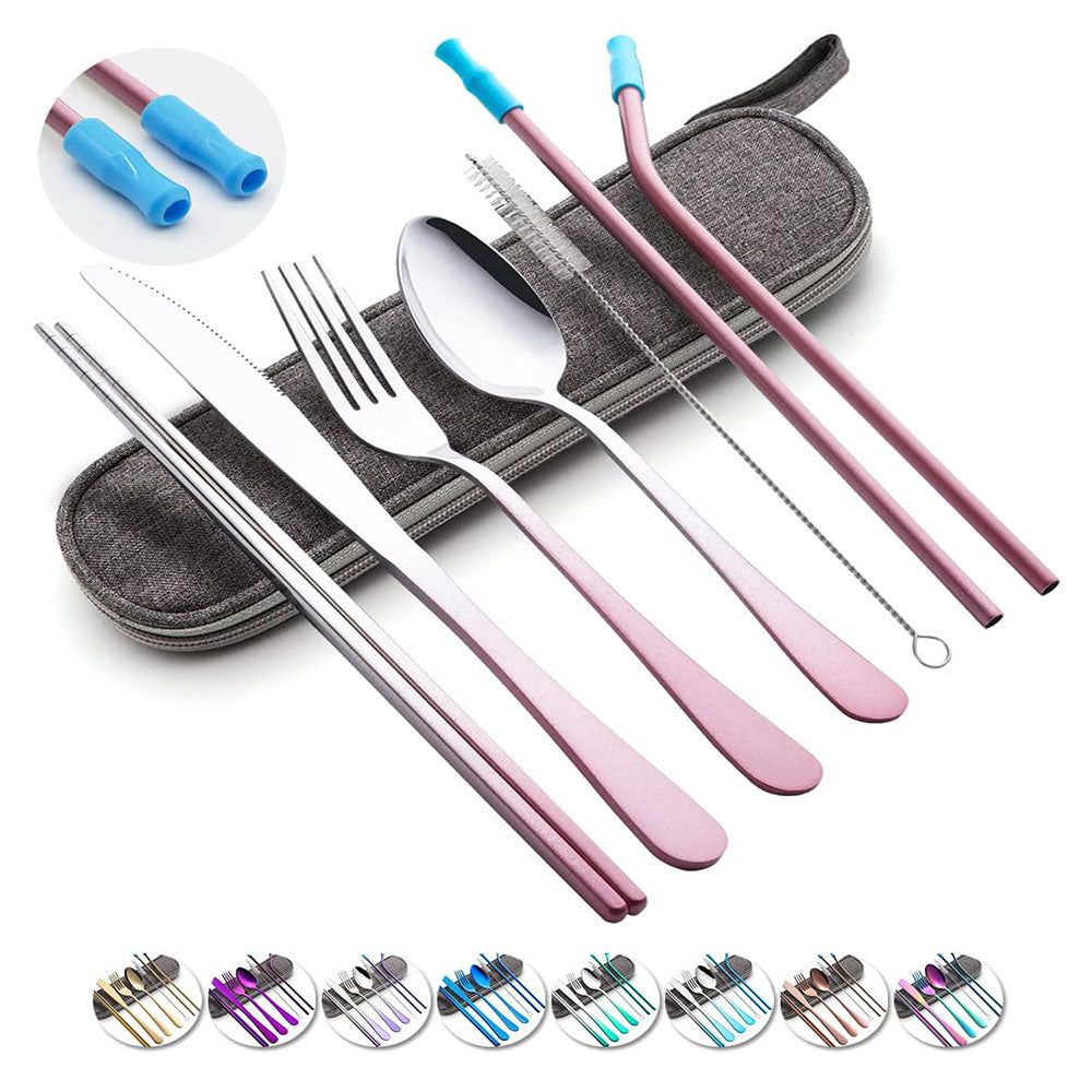 Travel Utensils Set with Case Reusable Portable Cutlery Set Stainless Steel 8pcs Including Dinner Knife Fork Spoon Chopsticks straws(Gradient Pink)