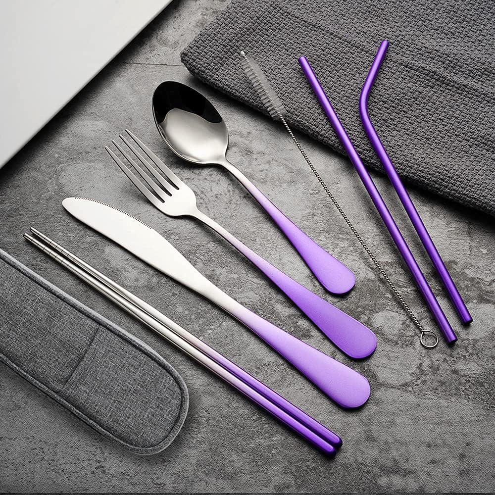 Travel Utensils Set with Case Reusable Portable Cutlery Set GICUNK Stainless Steel 8pcs Including Dinner Knife Fork Spoon Chopsticks straws (Gradient Purple)