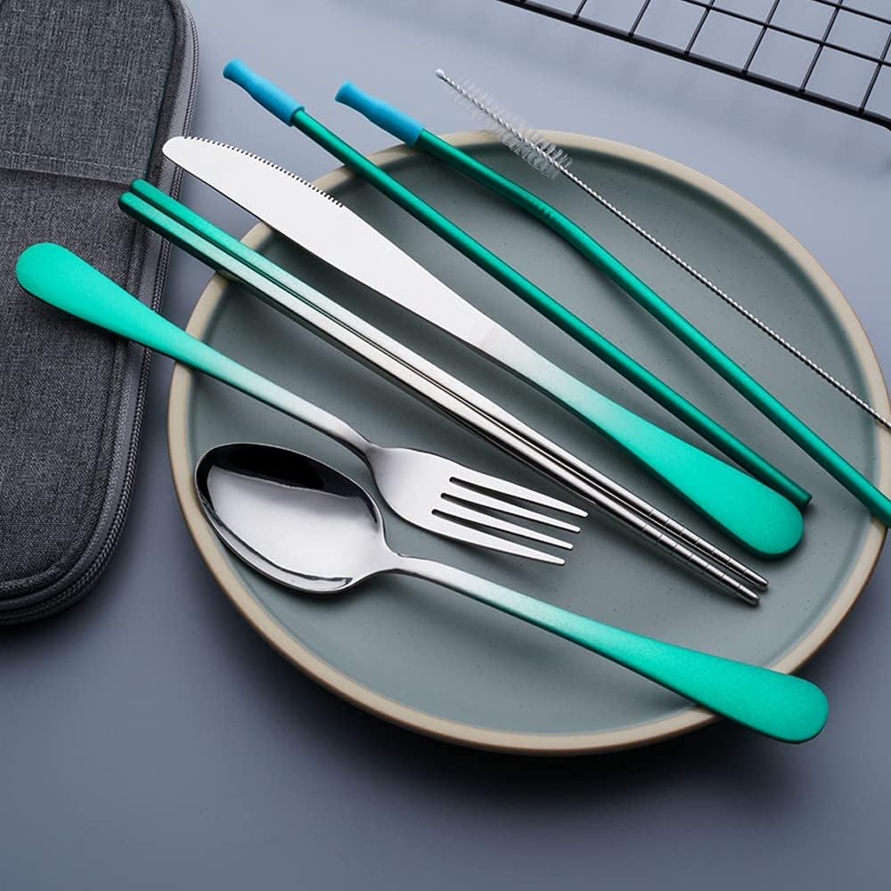 Travel Utensils Set with Case Reusable Portable Cutlery Set Stainless Steel 8pcs Including Dinner Knife Fork Spoon Chopsticks straws(Gradient Green)