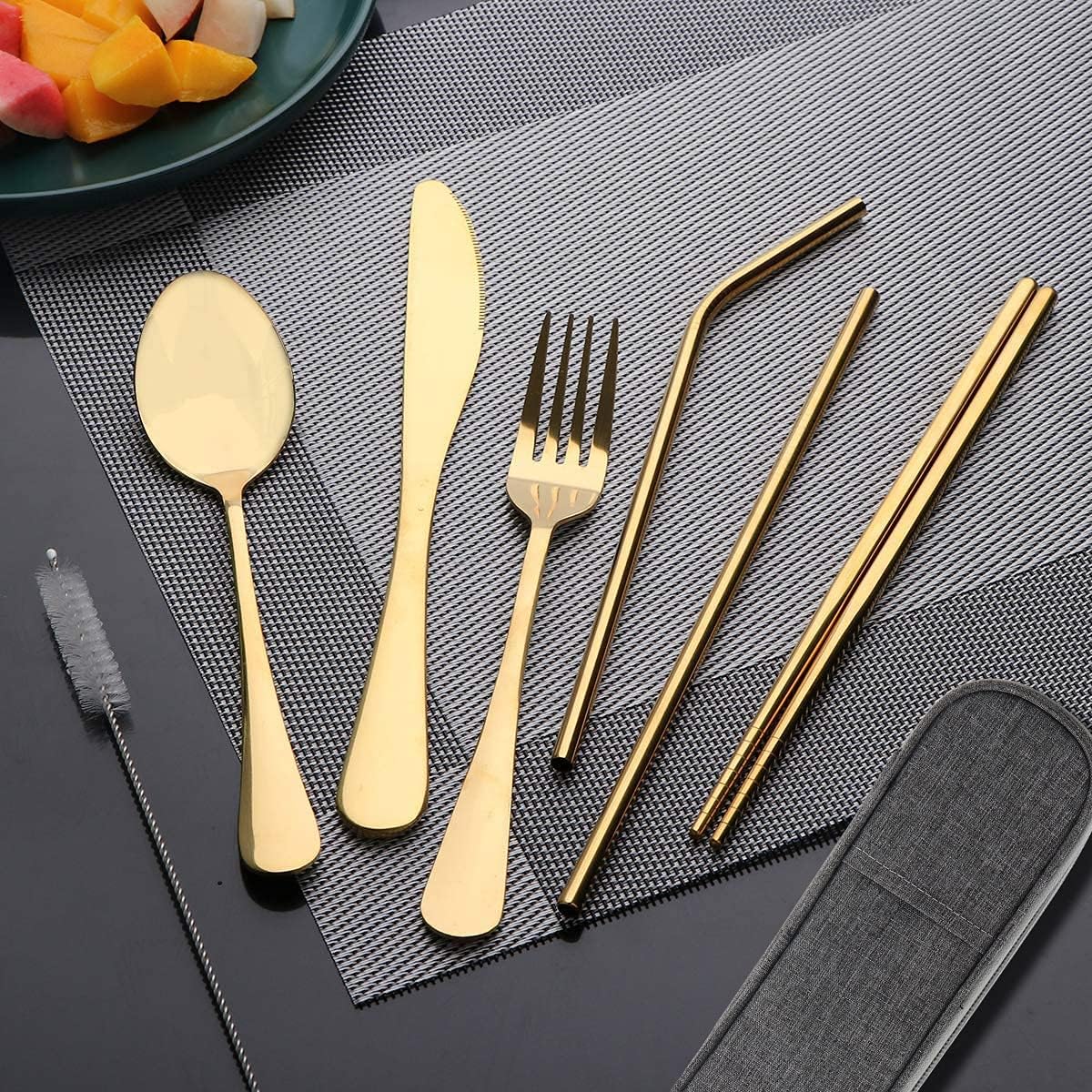 Travel Utensils Set with Case Reusable Portable Cutlery Set Stainless Steel 8pcs Including Dinner Knife Fork Spoon Chopsticks straws(Gold)