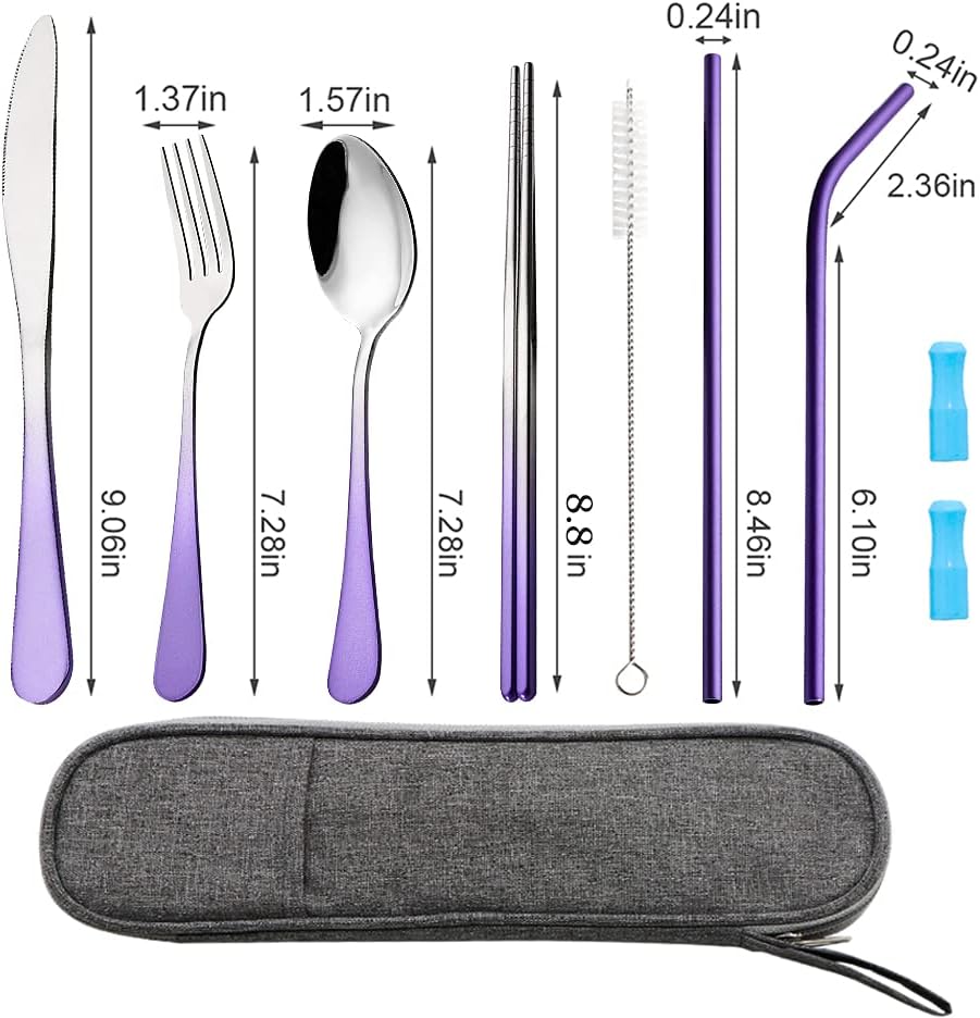 Travel Utensils Set with Case Reusable Portable Cutlery Set GICUNK Stainless Steel 8pcs Including Dinner Knife Fork Spoon Chopsticks straws (Gradient Purple)