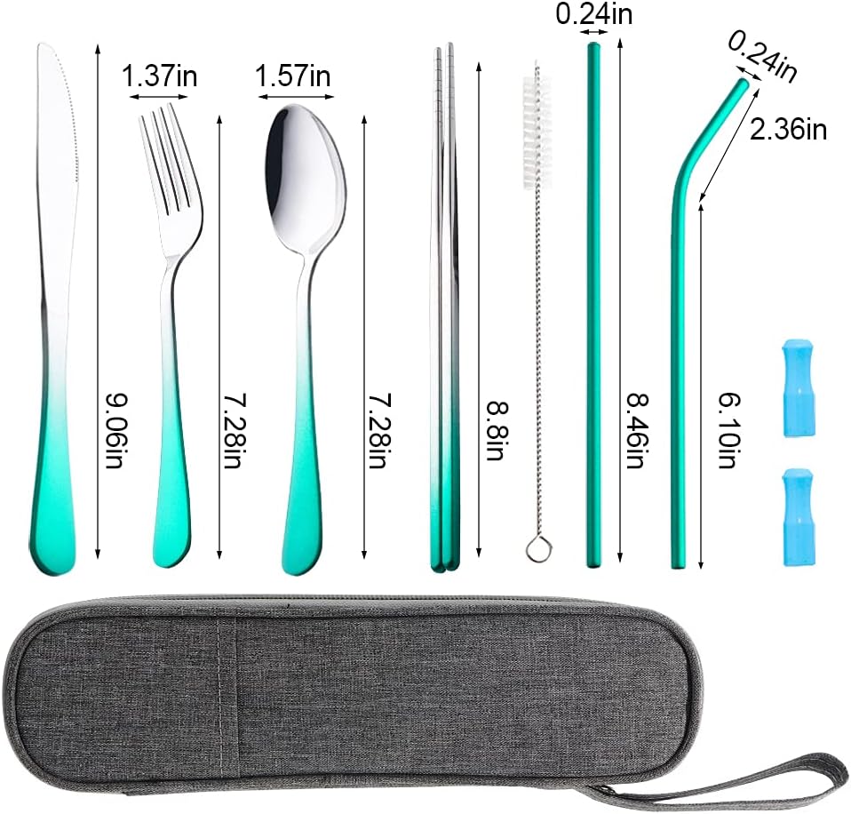 Travel Utensils Set with Case Reusable Portable Cutlery Set Stainless Steel 8pcs Including Dinner Knife Fork Spoon Chopsticks straws(Gradient Green)