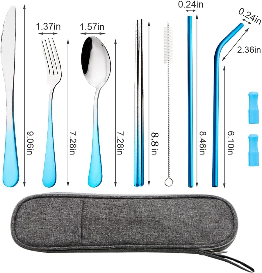 Travel Utensils Set with Case Reusable Portable Cutlery Set Stainless Steel 8pcs Including Dinner Knife Fork Spoon Chopsticks straws(Gradient Blue)