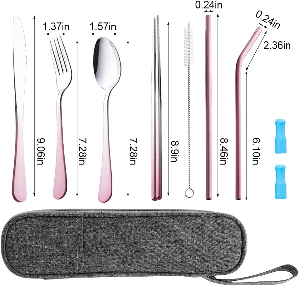 Travel Utensils Set with Case Reusable Portable Cutlery Set Stainless Steel 8pcs Including Dinner Knife Fork Spoon Chopsticks straws(Gradient Pink)