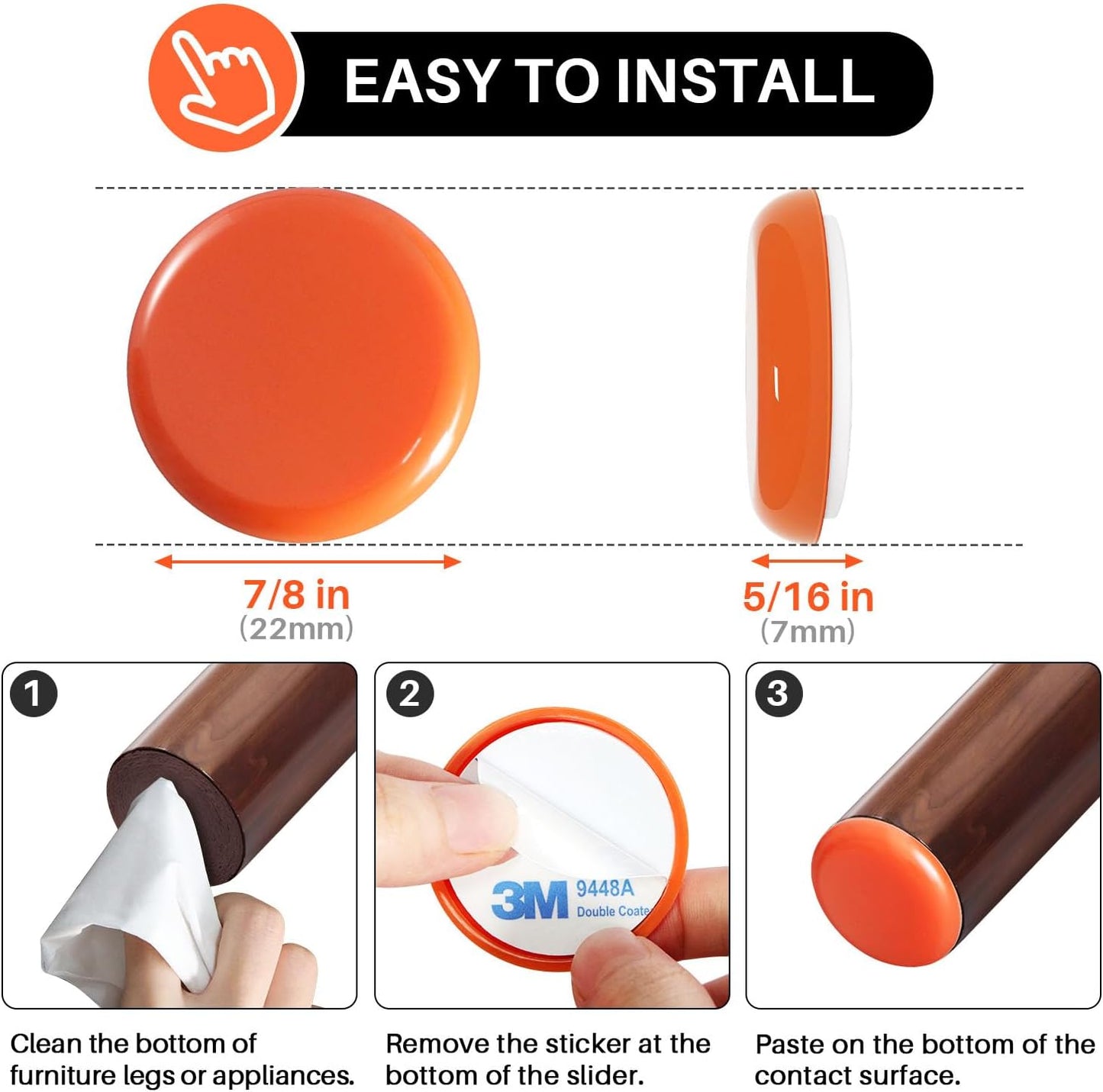 Furniture Sliders 20 PCS, Furniture Moving Sliders with 3M Adhesive for Carpets & Hardwood Floors, Chair Leg Floor Protectors, Move Your Furniture and Kitchen Appliance Easily - Orange