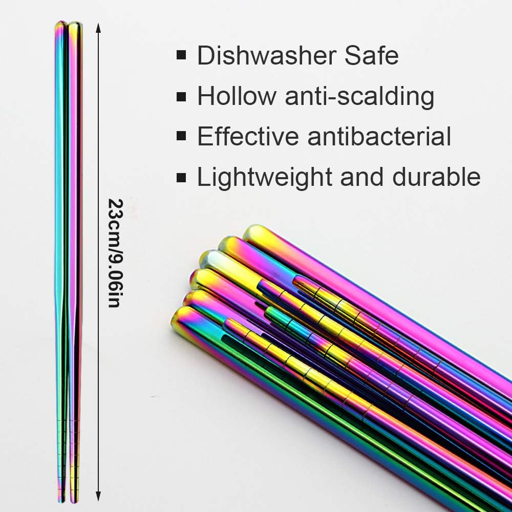 Stainless Steel Chopsticks GICUNK Reusable Multicolor Lightweight 304 Metal Chopsticks Dishwasher Safe - 5 Pairs (Rainbow)