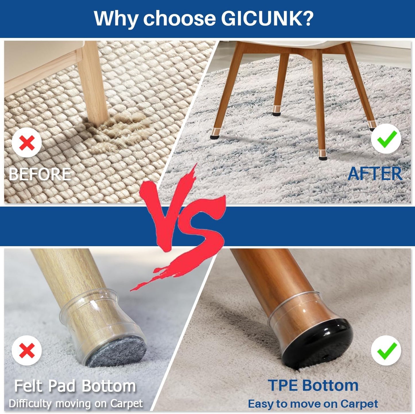 28 Pcs Square Chair Leg Sliders for Carpet, Square Chair Leg Floor Protectors Glides, Silicone Furniture Leg Protectors Caps