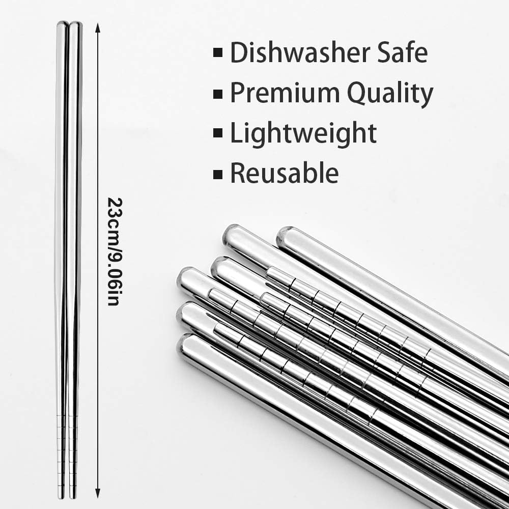 Stainless Steel Chopsticks 5 Pairs Reusable Multicolor Lightweight 304 Metal Chopsticks Square Lightweight Non-Slip Chop Sticks Dishwasher Safe Gift Set(Silver)