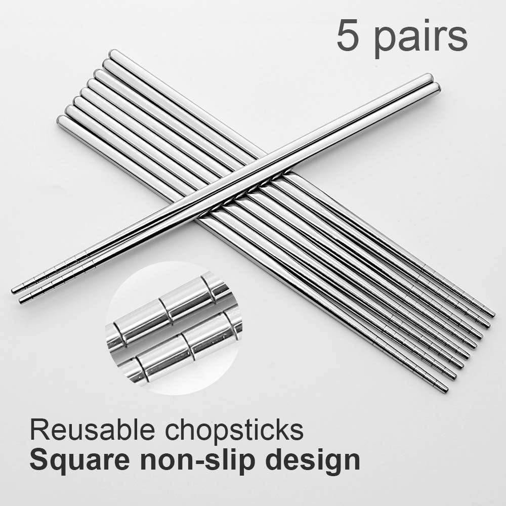 Stainless Steel Chopsticks 5 Pairs Reusable Multicolor Lightweight 304 Metal Chopsticks Square Lightweight Non-Slip Chop Sticks Dishwasher Safe Gift Set(Silver)