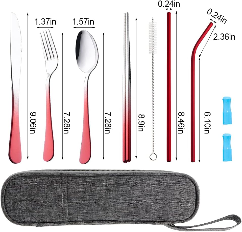 Travel Utensils Set with Case Reusable Portable Cutlery Set Stainless Steel 8pcs Including Dinner Knife Fork Spoon Chopsticks straws (Gradient Red)