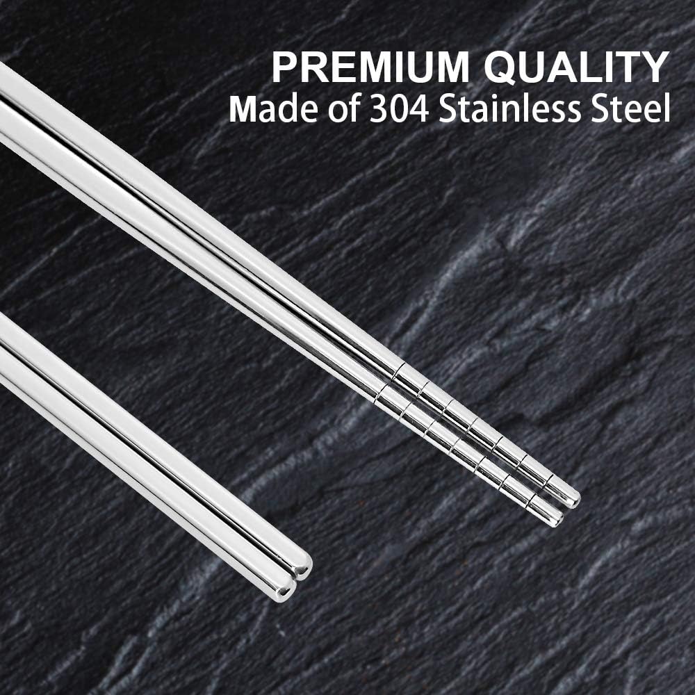 Stainless Steel Chopsticks 5 Pairs Reusable Multicolor Lightweight 304 Metal Chopsticks Square Lightweight Non-Slip Chop Sticks Dishwasher Safe Gift Set(Silver)