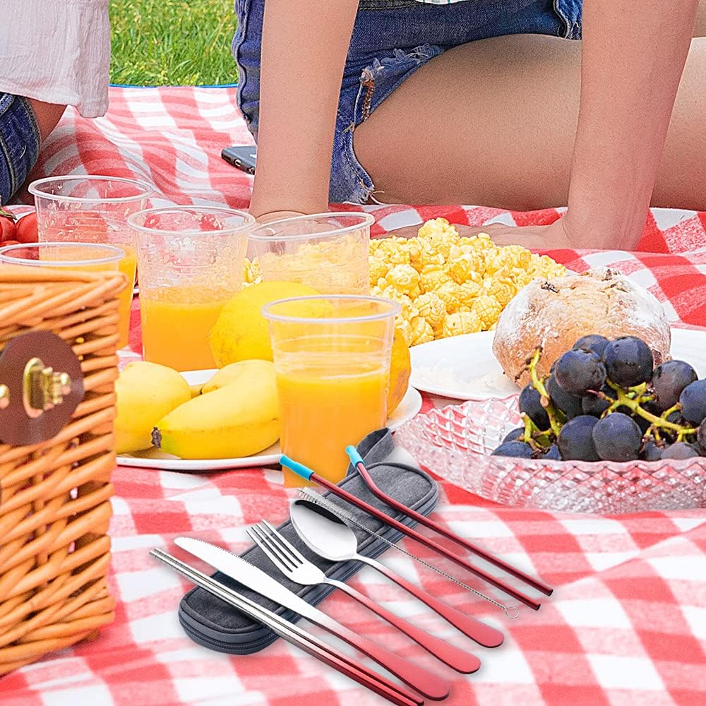Travel Utensils Set with Case Reusable Portable Cutlery Set Stainless Steel 8pcs Including Dinner Knife Fork Spoon Chopsticks straws (Gradient Red)
