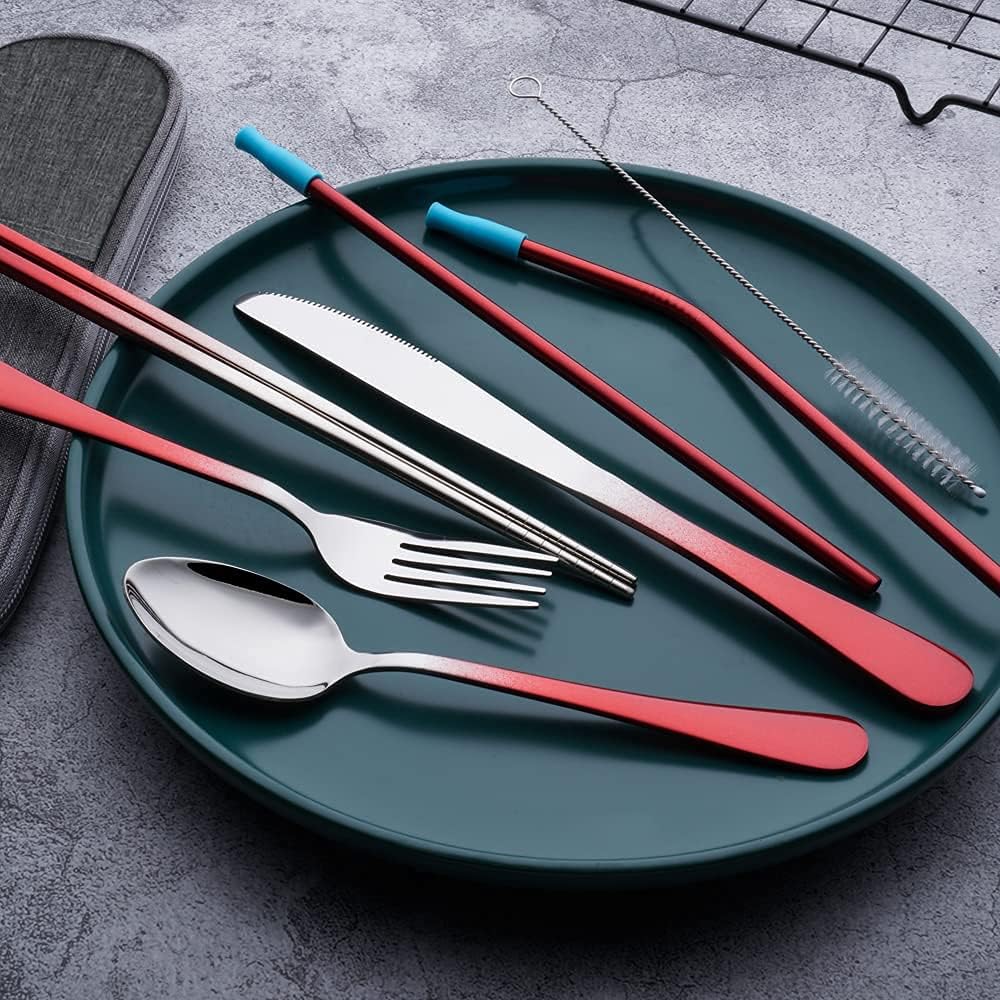 Travel Utensils Set with Case Reusable Portable Cutlery Set Stainless Steel 8pcs Including Dinner Knife Fork Spoon Chopsticks straws (Gradient Red)