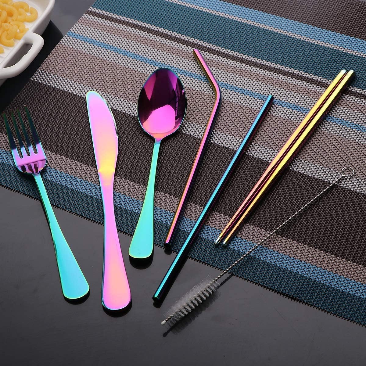 Travel Utensils Set with Case Reusable Portable Cutlery Set Stainless Steel 8pcs Including Dinner Knife Fork Spoon Chopsticks Straws(Rainbow)