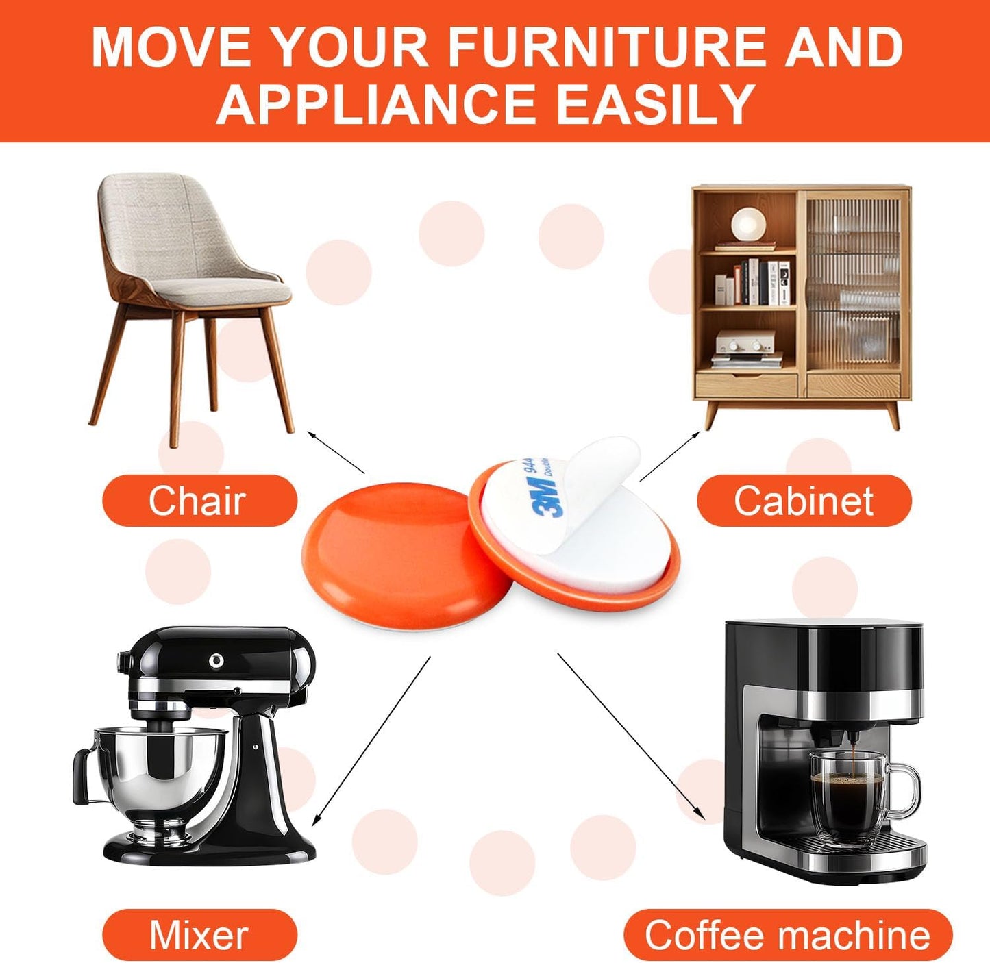 Furniture Sliders 20 PCS, Furniture Moving Sliders with 3M Adhesive for Carpets & Hardwood Floors, Chair Leg Floor Protectors, Move Your Furniture and Kitchen Appliance Easily - Orange